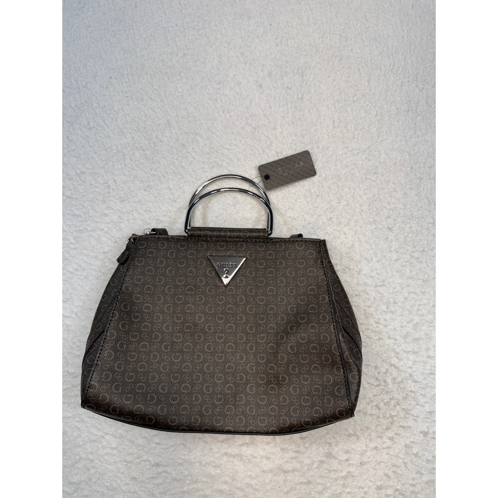 Guess Los Angeles Brown Quattro G Logo Satchel Handbag Silver Ring Handles